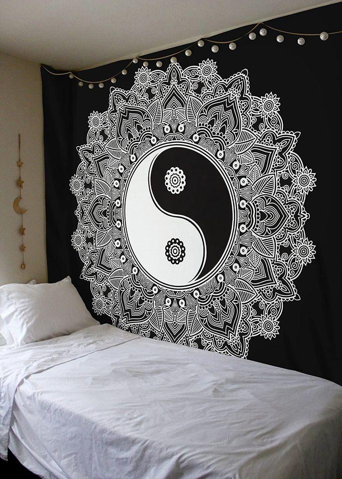 Balance of Yin Yang Printed in Monochrome Wall Hanging Tapestry