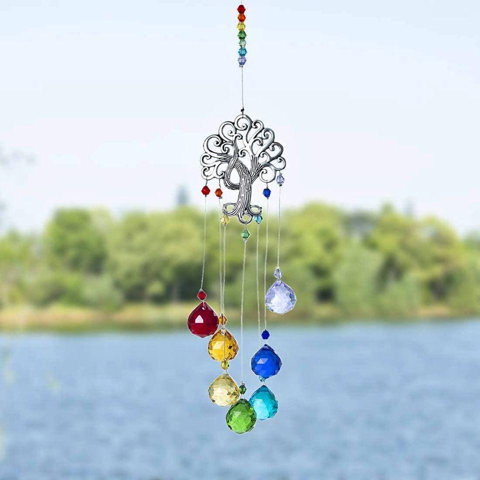 Crystal Glass Chakra Colors Ball Prism Tree of Life Suncatcher