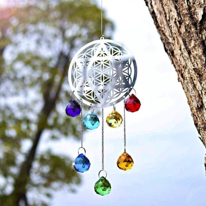 Blissful & Colorful Crystal Rainbow Chakra Flower of Life Suncatcher Pendant Glass Ball