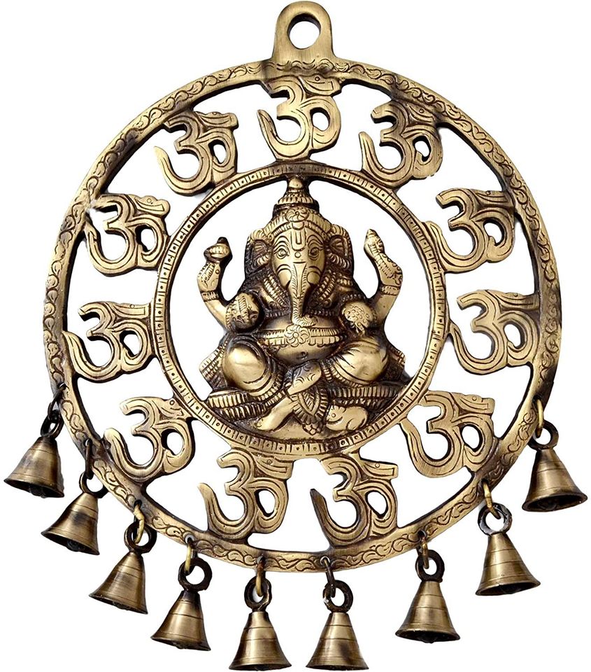 Blissful Om Ganesha Wall Hanging with Bells Antique Brown