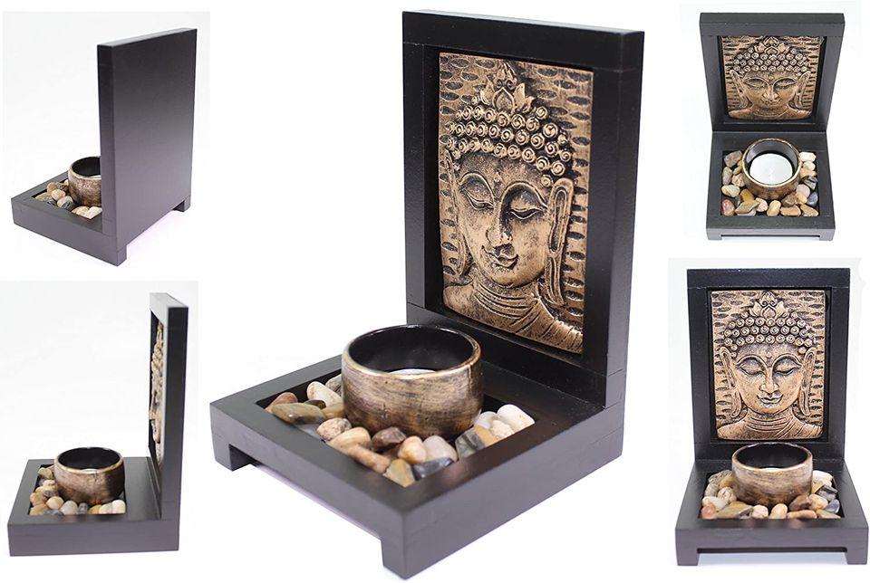 Elegant Bonze Empaistic Buddha Face Zen Garden with Rock Candle TableTop