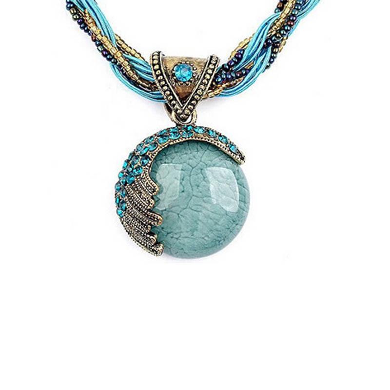 Handmade BoHo Indian Style Rope beaded Necklace With Turquoise Rhinestone Gem - Ocean Ice Color