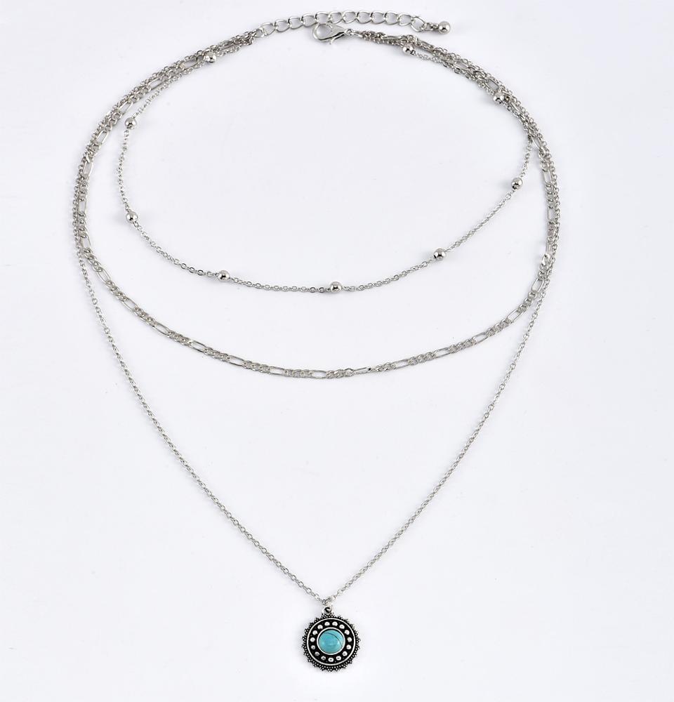 Silver Turquoise BoHo Muli-layer Choker & Pendant Necklace