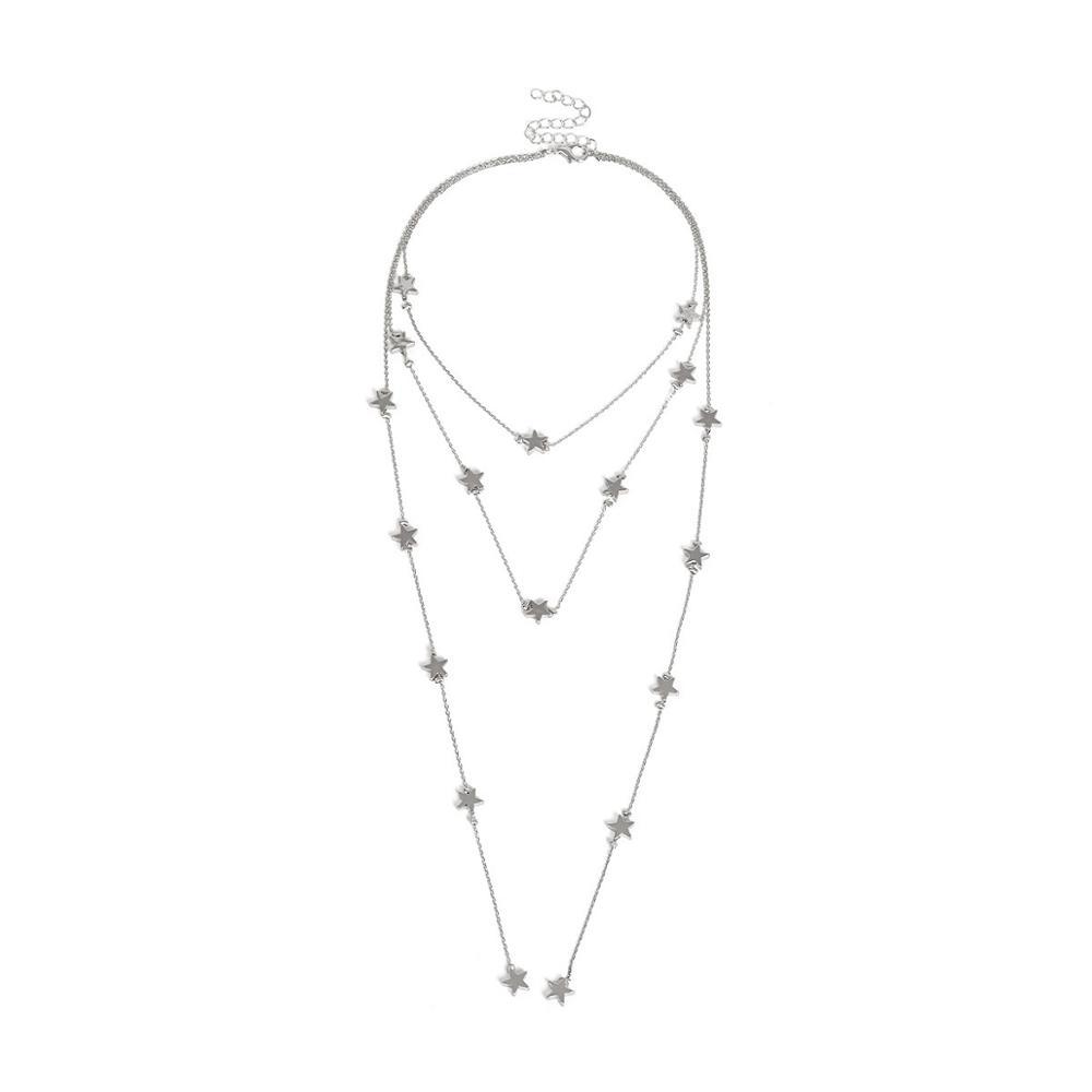 Multi-Layer Long Chain Star pendant Necklace - Silver