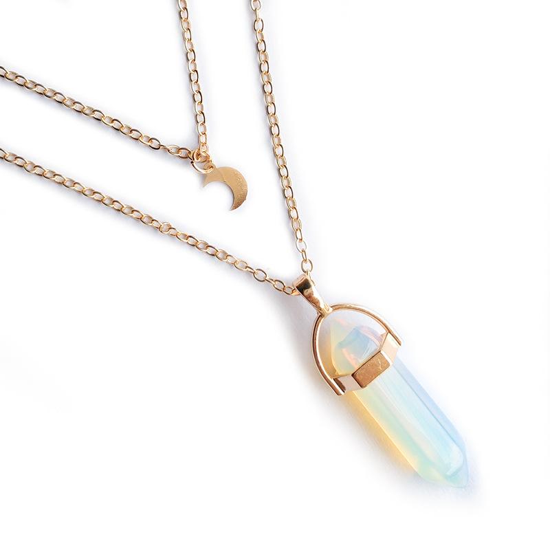 Layered Half Moon Choker with Crystal/Stone Pendant
