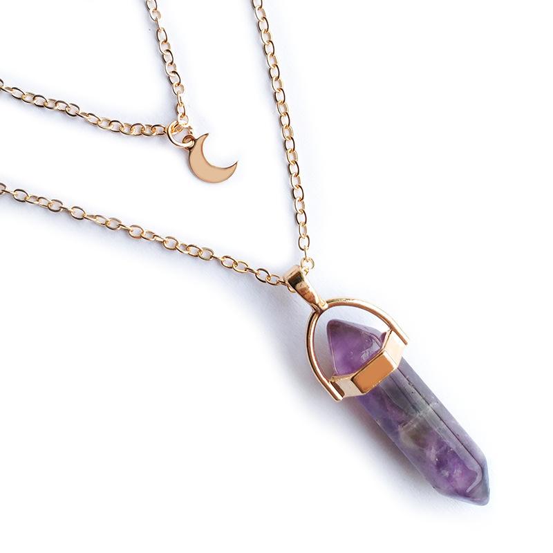 Layered Half Moon Choker with Crystal/Stone Pendant