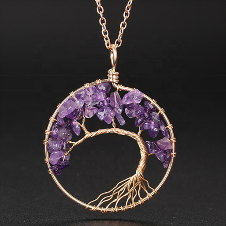 Handmade Bohemian Tree of Life Wire Quartz Stone Necklace w/ Copper Chain - Turquoise