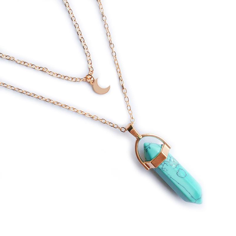 Layered Half Moon Choker with Crystal/Stone Pendant