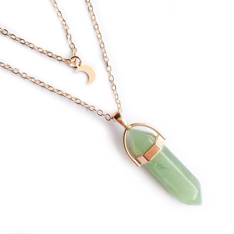 Layered Half Moon Choker with Crystal/Stone Pendant