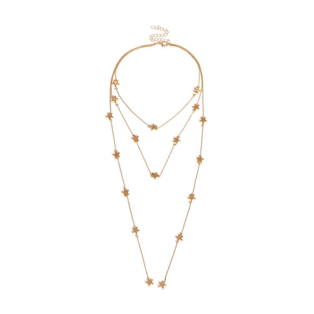 Multi-Layer Long Chain Star pendant Necklace - Gold Plated