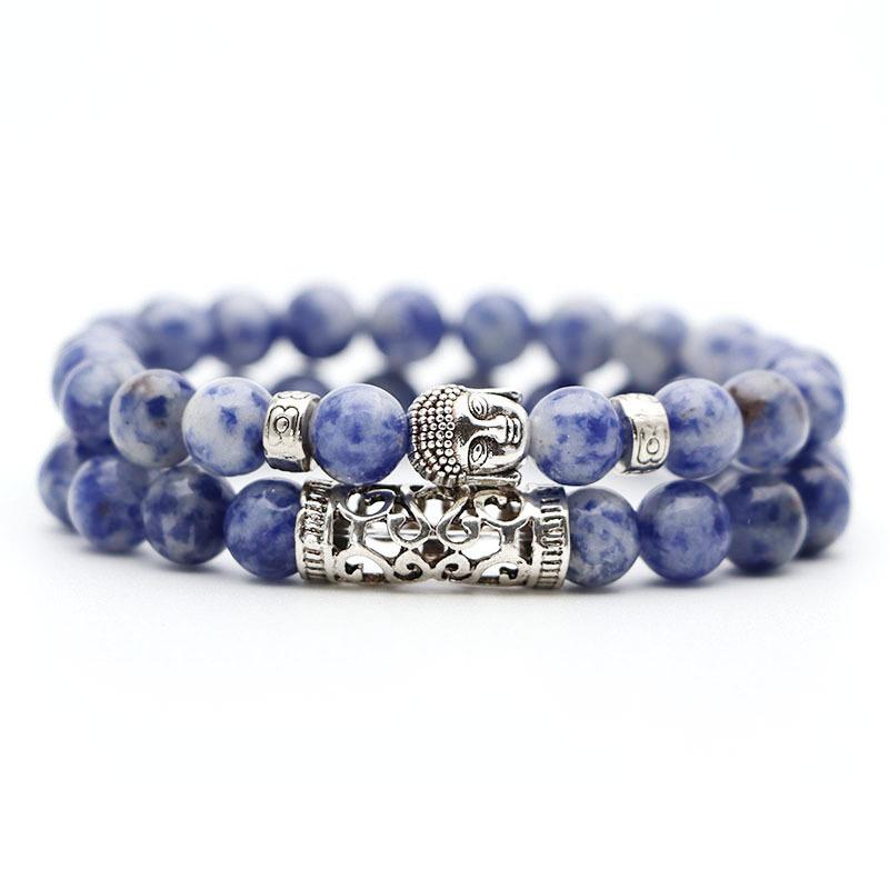 Double Natural Lava Stone Silver Buddha Head Bracelets - Earth Brown & Tan