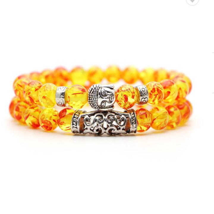 Natural Lava Stone Silver Buddha Lava Fire Yellow Bracelet