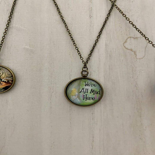 "We're All Mad Here" Alice In Wonderland Art Double Sided Glass Pendant