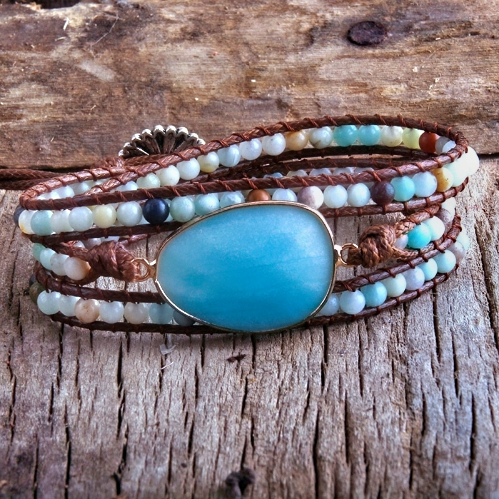 Handmade BoHo Beaded 3 Wrap Bracelet - Amazonite