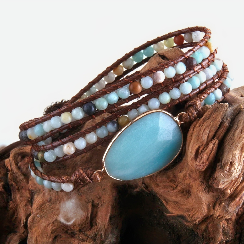 Handmade BoHo Beaded 3 Wrap Bracelet - Amazonite