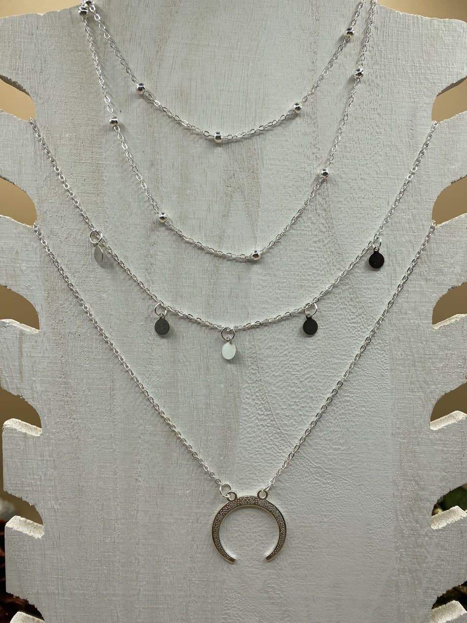 Four Layer Vintage Crescent Moon Choker Silver