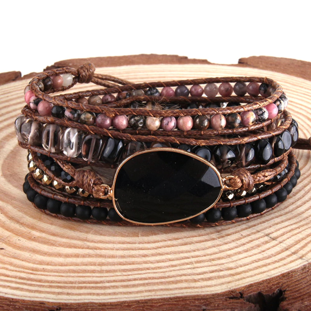 Handmade Bohemian 5 Wrap Mixed Natural Stones, Beads, and Charms Bracelet - Black Onyx