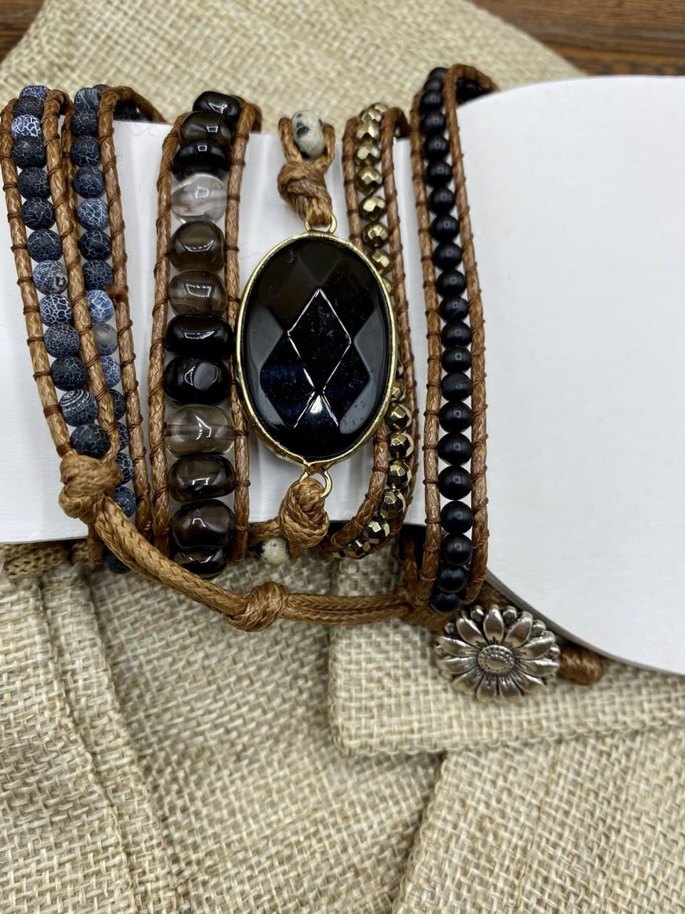 Handmade Bohemian 5 Wrap Mixed Natural Stones, Beads, and Charms Bracelet - Black Onyx