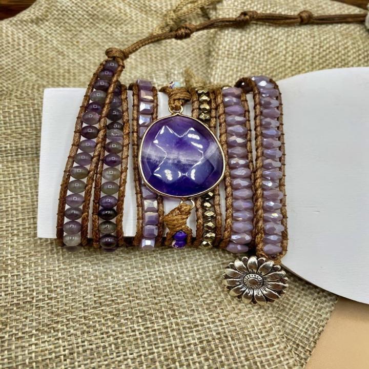 Handmade Bohemian 5 Wrap Mixed Natural Stones, Beads, and Charms Bracelet - Purple