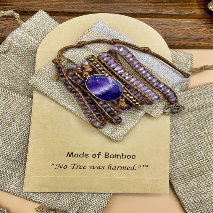 Handmade Bohemian 5 Wrap Mixed Natural Stones, Beads, and Charms Bracelet - Purple