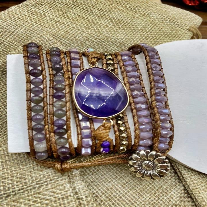 Handmade Bohemian 5 Wrap Mixed Natural Stones, Beads, and Charms Bracelet - Purple