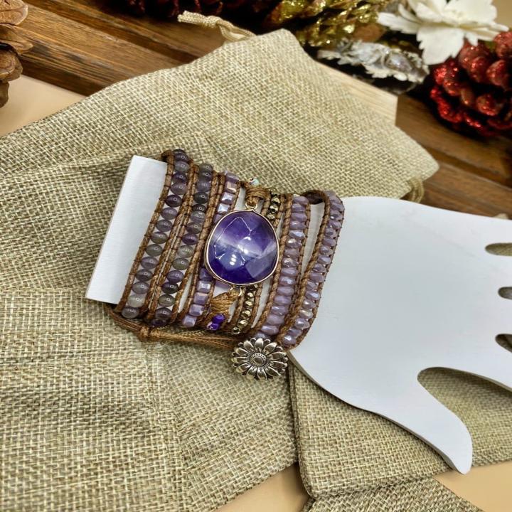 Handmade Bohemian 5 Wrap Mixed Natural Stones, Beads, and Charms Bracelet - Purple