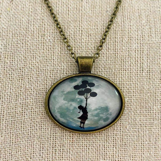 Balloon Girl On The Moon Glass Art Pendant