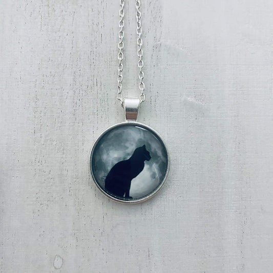 Black Cat Full Moon Large Glass Pendant Necklace