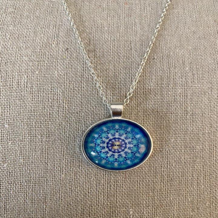 Blue Mandala Silver Glass Art Pendant