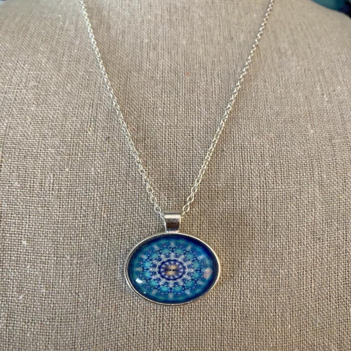 Blue Mandala Silver Glass Art Pendant