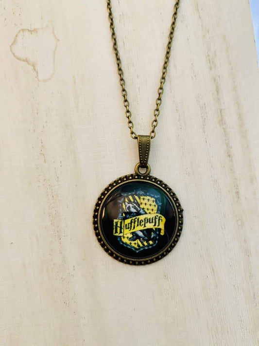 "Hufflepuff Crest" Inspired Artwork Glass Pendant Necklace