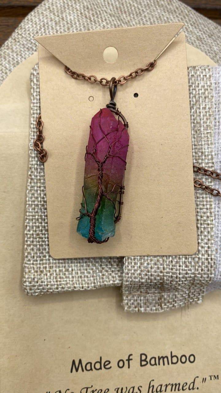 BoHo 7 Chakra Stone Crystal With Copper Wire Wrapped Tree of Life Necklace