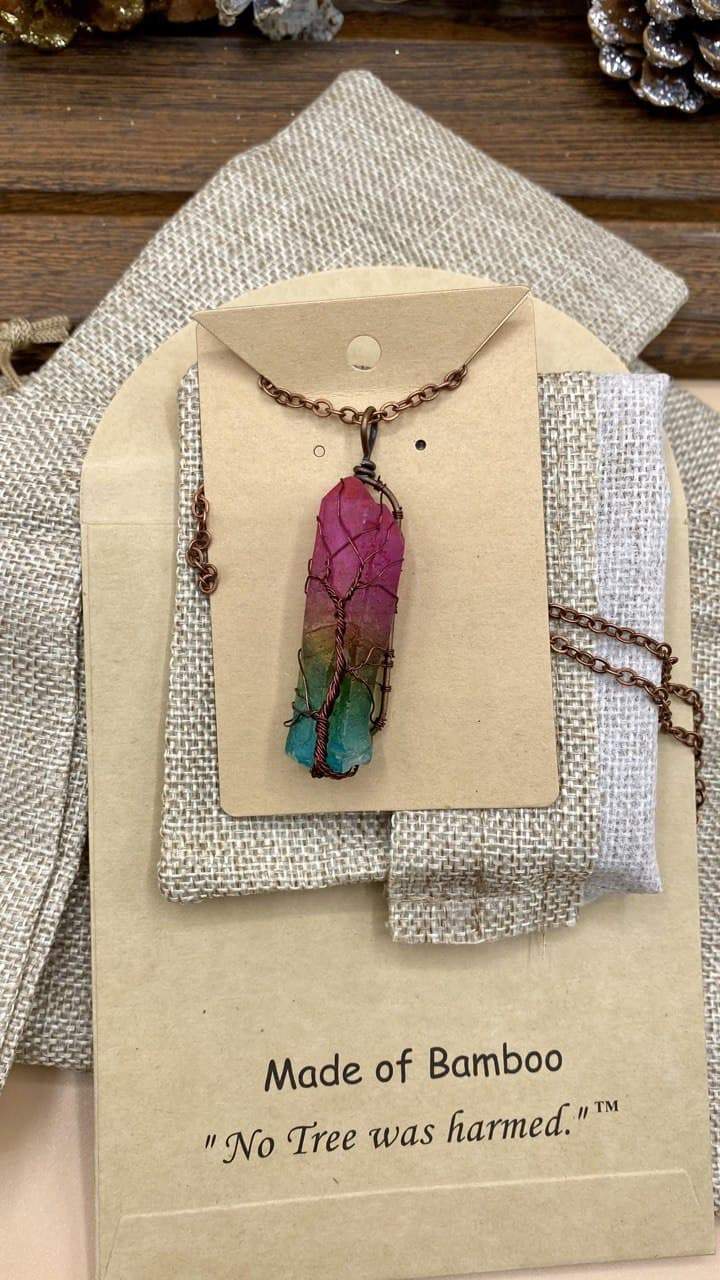 BoHo 7 Chakra Stone Crystal With Copper Wire Wrapped Tree of Life Necklace