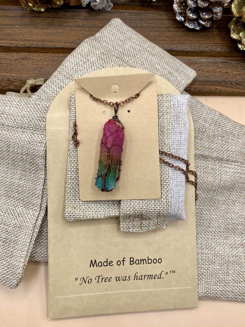 BoHo 7 Chakra Stone Crystal With Copper Wire Wrapped Tree of Life Necklace