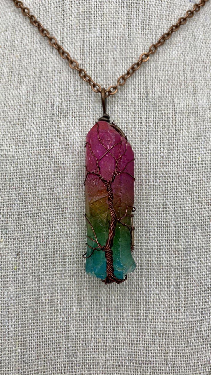BoHo 7 Chakra Stone Crystal With Copper Wire Wrapped Tree of Life Necklace