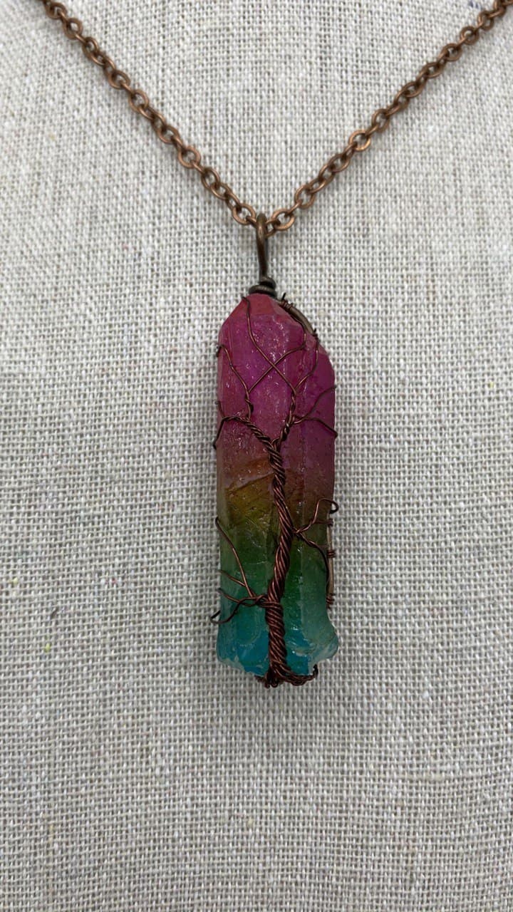 BoHo 7 Chakra Stone Crystal With Copper Wire Wrapped Tree of Life Necklace