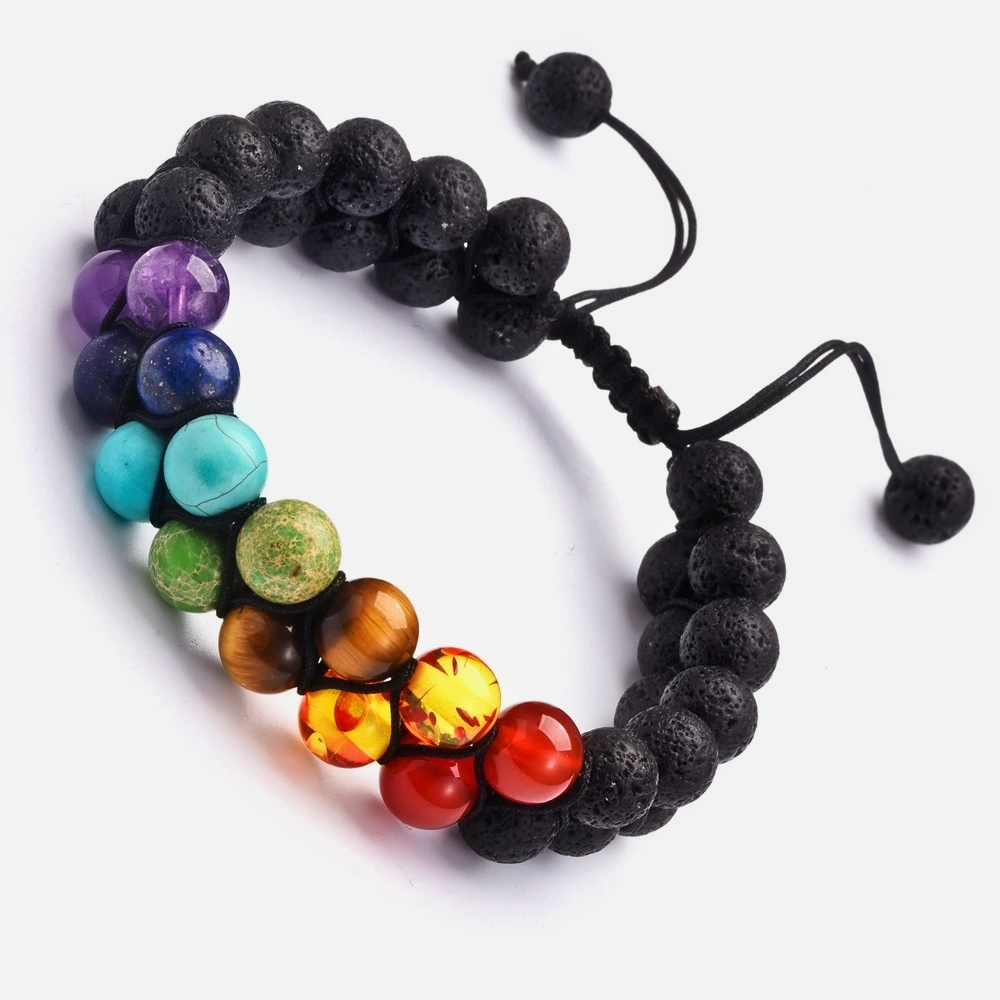 Natural Stone Tiger Eye 7 Chakra Bracelet with Yoga Balance Buddha Prayer Beads - Black Band