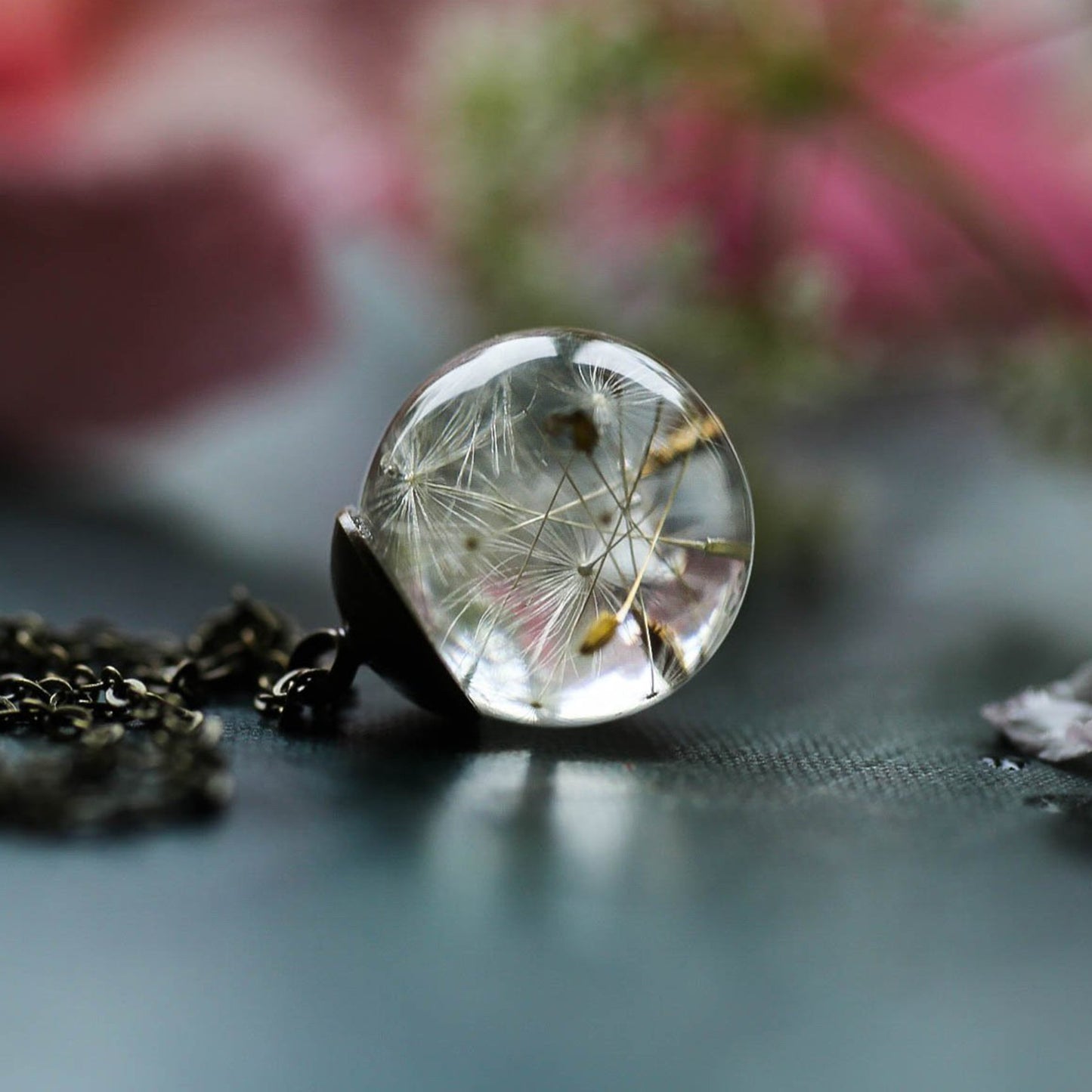 Handmade Dandelion Seed Encased in Glass Orb with attached "Wish" Charm
