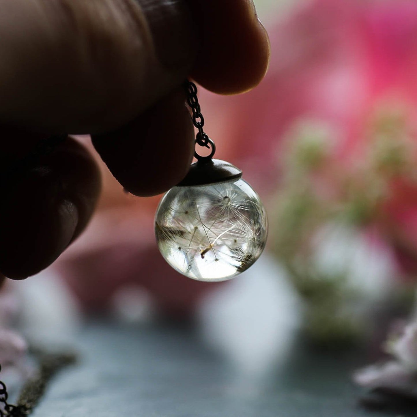 Handmade Dandelion Seed Encased in Glass Orb with attached "Wish" Charm