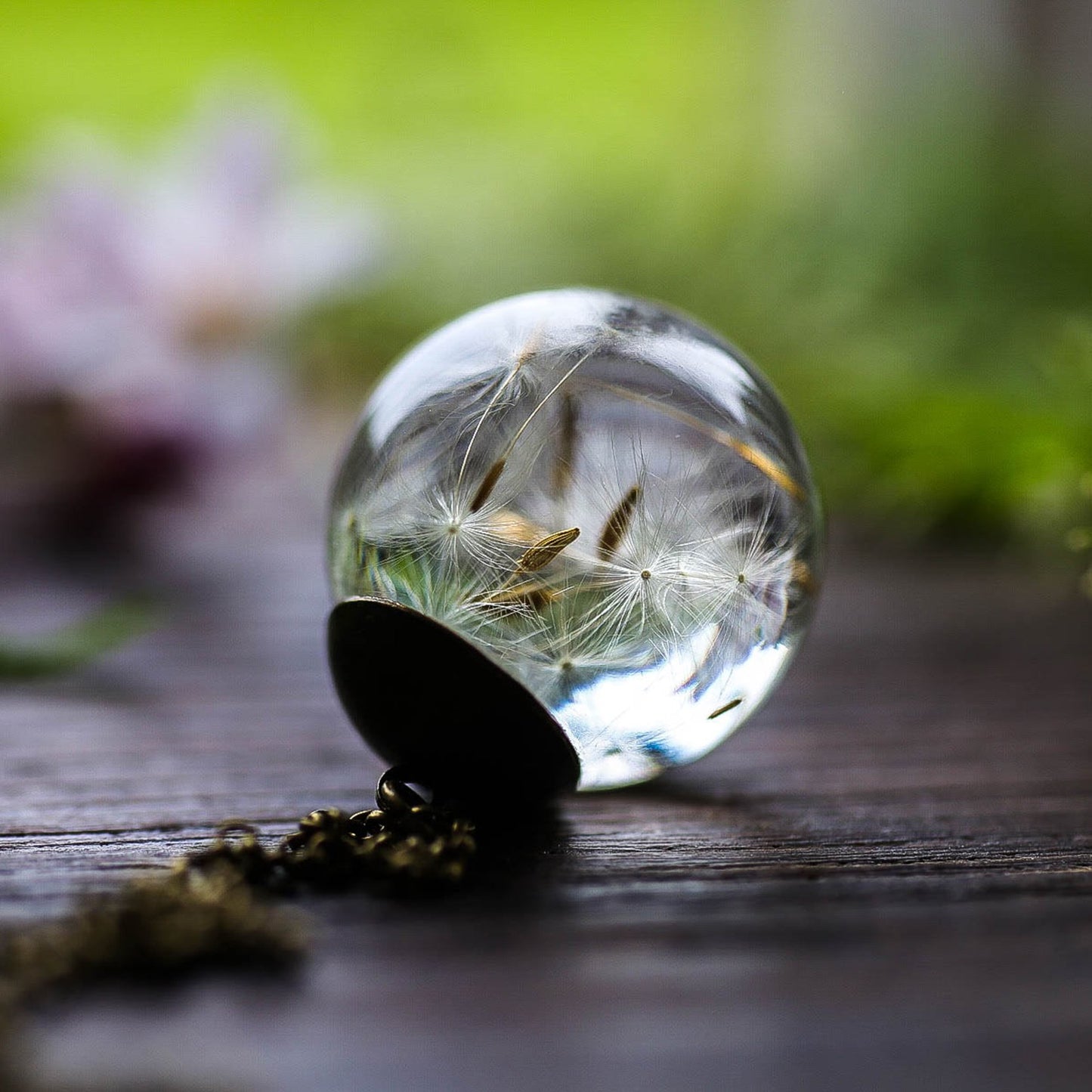 Handmade Dandelion Seed Encased in Glass Orb with attached "Wish" Charm