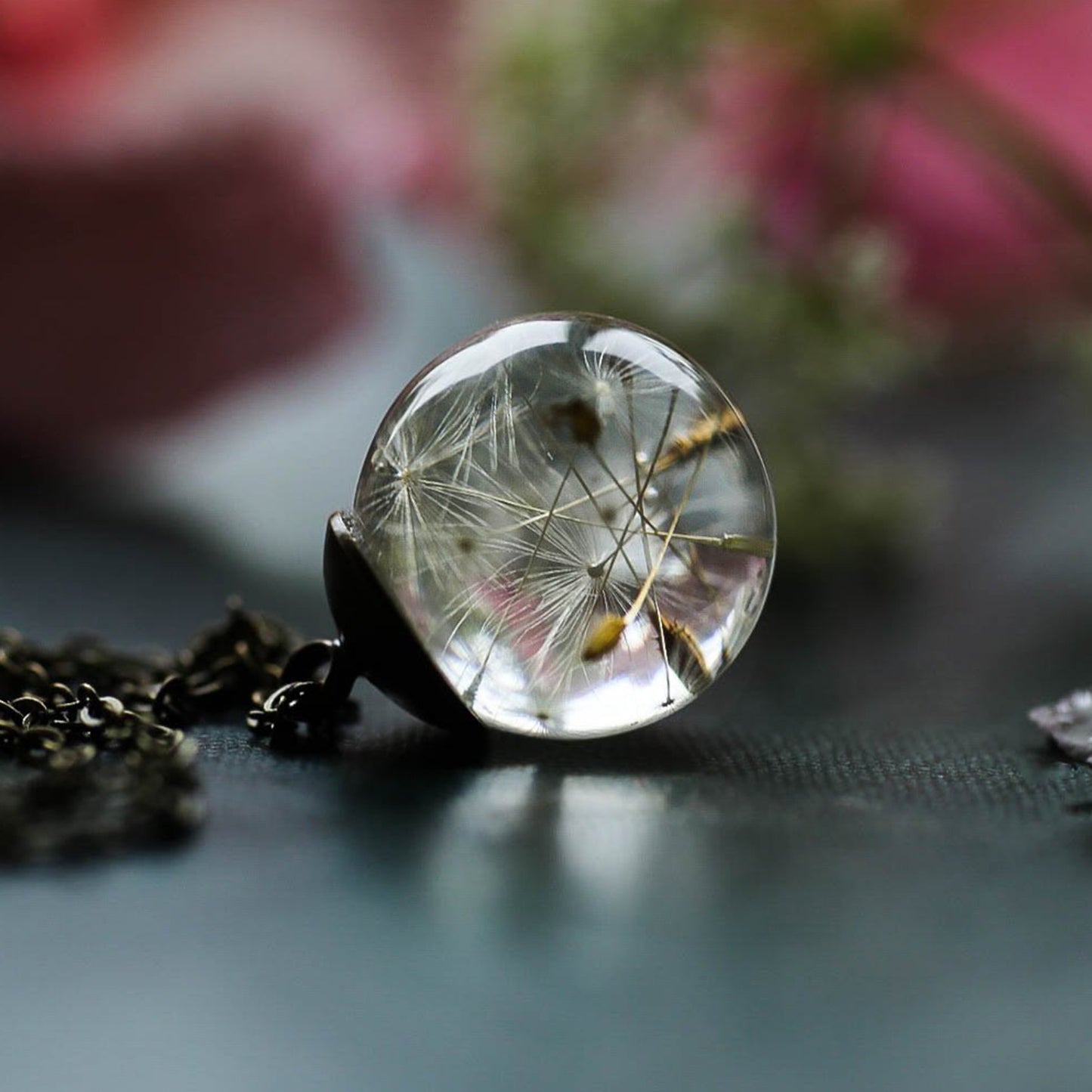 Handmade Dandelion Seed Encased in Glass Orb with attached "Wish" Charm