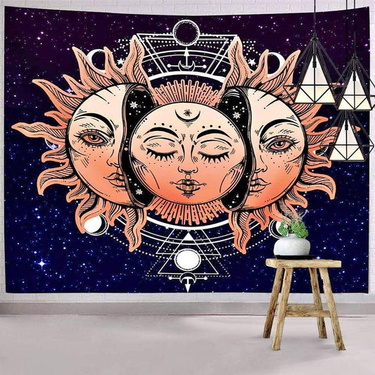 Tapestry Sun Moon Faces Starry night