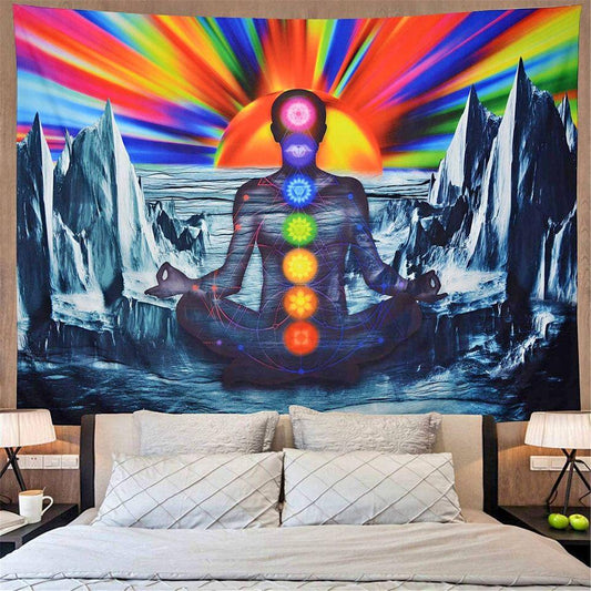 Stunning Seven Chakra Trippy Sun + Mountain Tapestry