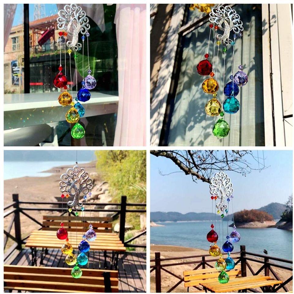 Crystal Glass Chakra Colors Ball Prism Tree of Life Suncatcher