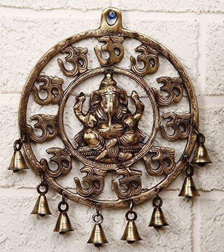 Blissful Om Ganesha Wall Hanging with Bells Antique Brown