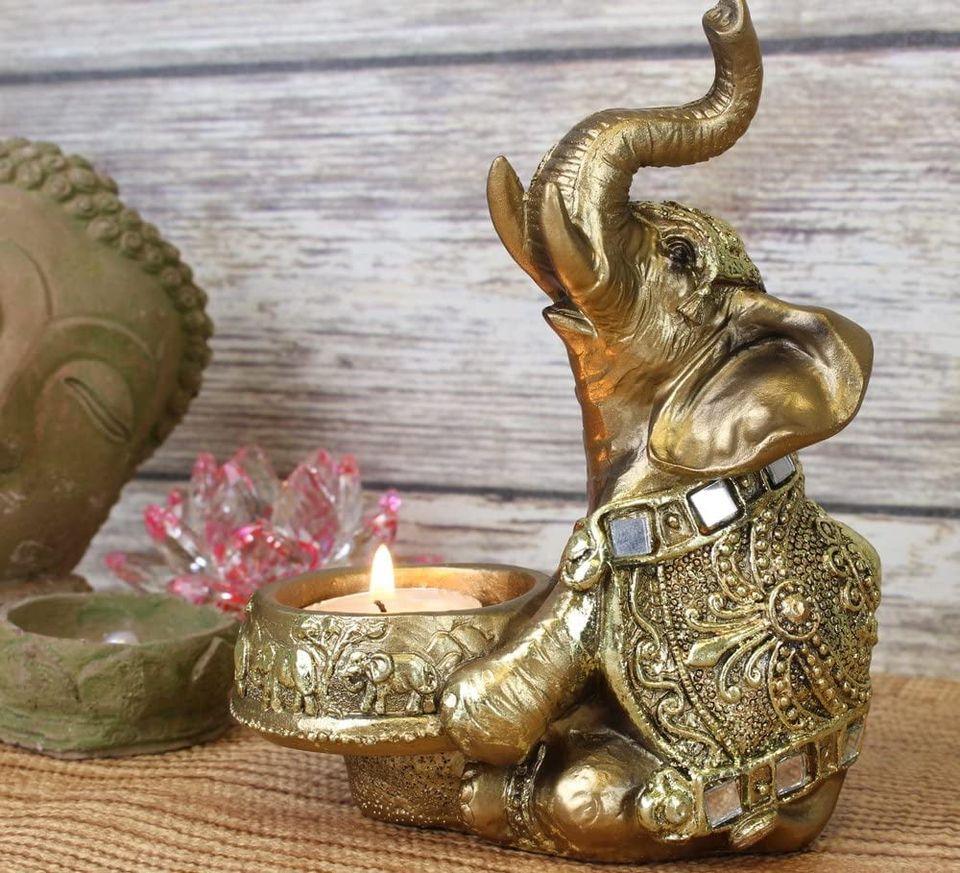 Lucky Figurine Elephant Buddha Wraps Tea Light Candle Holder