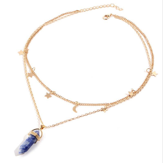 Healing Crystal Pendulum Stone with Stars and Moon Choker  - Blue Marble