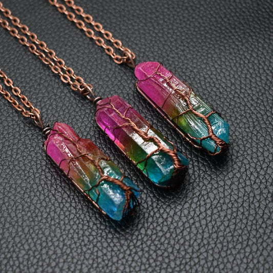 BoHo 7 Chakra Stone Crystal With Copper Wire Wrapped Tree of Life Necklace