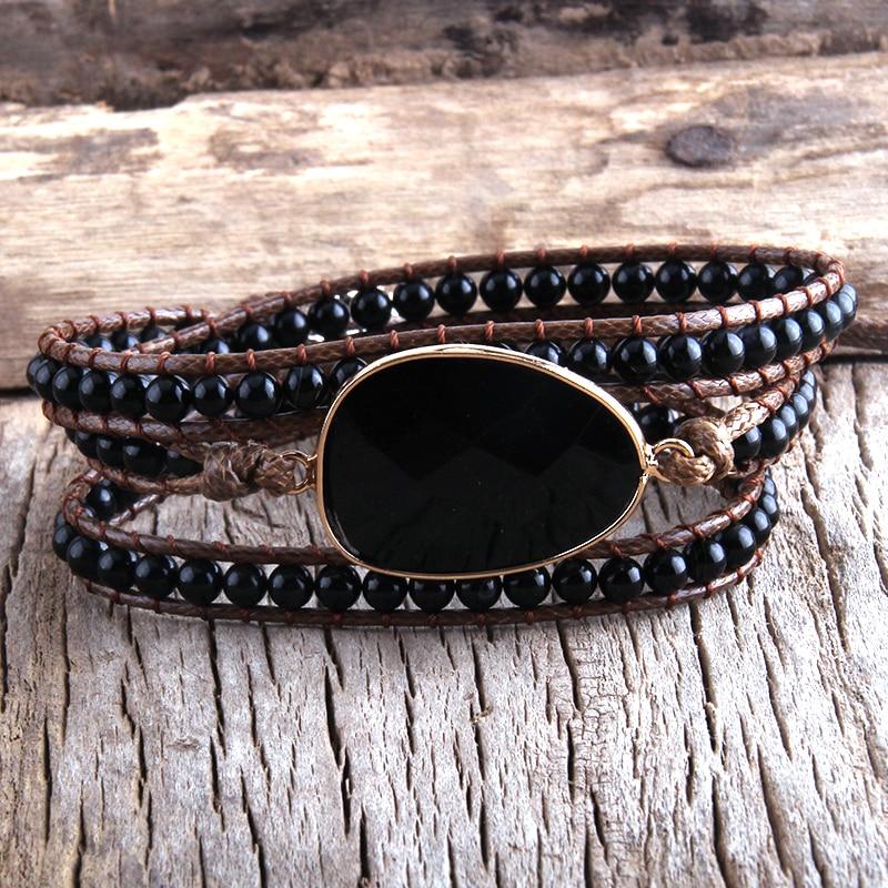 Handmade BoHo Beaded 3 Wrap Bracelet - Black Onyx