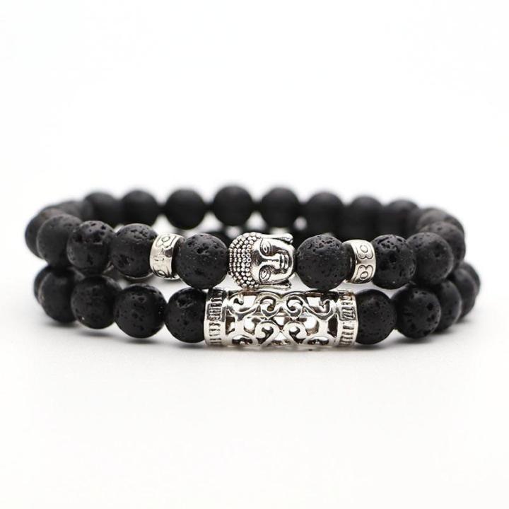 Natural Lava Stone Silver Buddha Light Neon Greens Bracelet